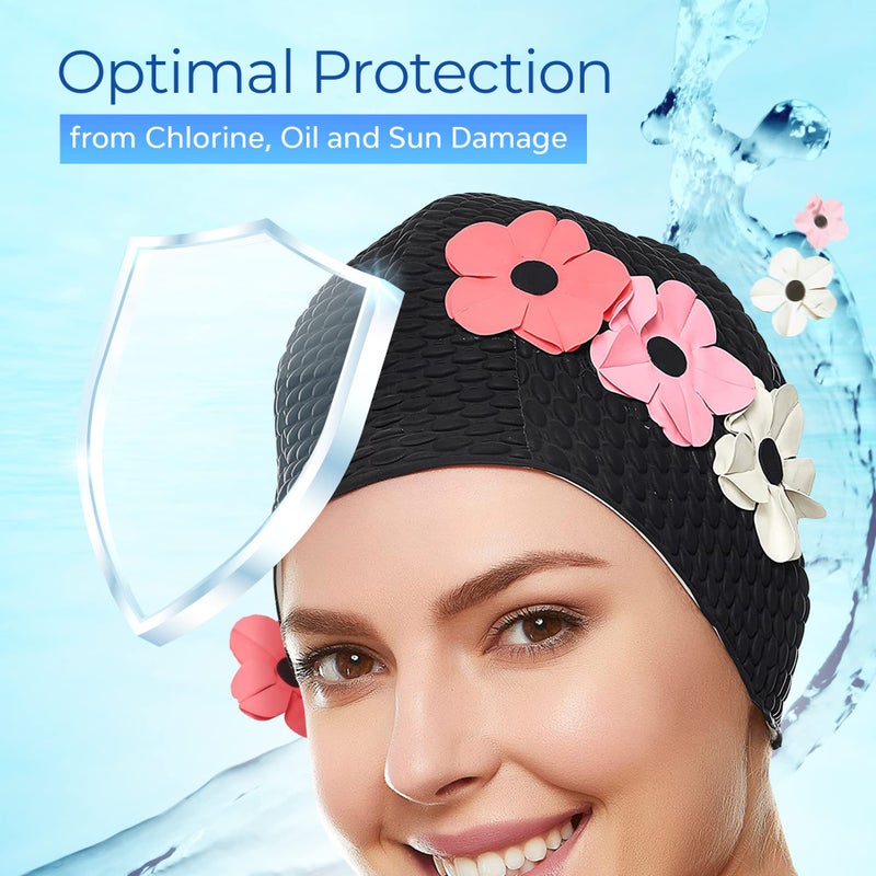 Beemo Latex Swimming Cap for Women, Swim Cap for Long Hair or Short Hair, Bath & Swim Caps to Shield Hair from Damage, Use as Large Shower Cap, Black Swimming Cap with Pink & White Flowers - Image 5
